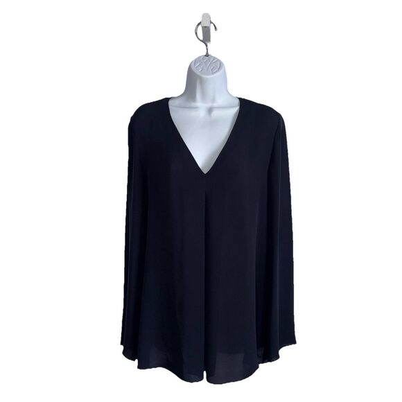 Theory Trent 100% Silk Black V-Neck Front Pleat Blouse Top Size Large Georgette - Picture 2 of 10